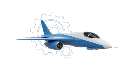 Blue and white jet airplane with gear isolated on transparent background