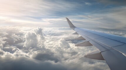 Obraz premium A mesmerizing view of the sky with a plane wing in flight.