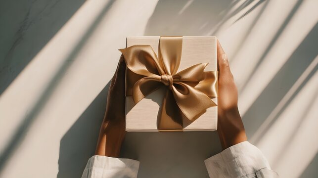 A hand holding a beautifully wrapped gift box with a silk ribbon.