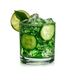 Refreshing green cucumber drink in a glass, garnished with lime and ice