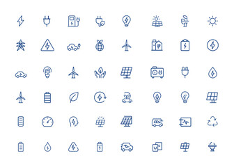 Electric charge and solar power icons, minimal vector illustrations featuring electrical, charger, charging station symbols, renewable energy, clean power, and eco-friendly design and more.