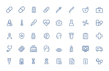 Medical pharmaceutical icons pack: minimal linear editable stroke healthcare, drug, health, care, wellness, clinic, medicine, treatment, hospital, medical symbols, pharmacy, diagnosis and more.