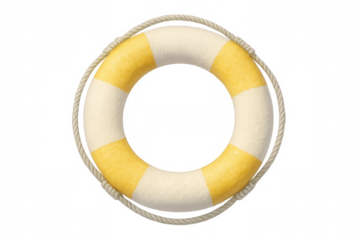 Yellow-white lifebuoy hanging with nautical rope, symbolizing maritime safety and emergency water rescue preparedness