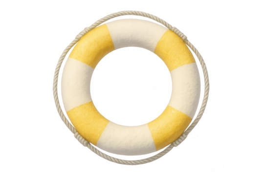 Yellow-white lifebuoy hanging with nautical rope, symbolizing maritime safety and emergency water rescue preparedness