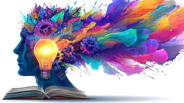 ILLUSTRAZIONE CONCETTUALE DI TESTA UMANA CON ESPLOSIONE DI COLORE E CREATIVIT&Agrave;
