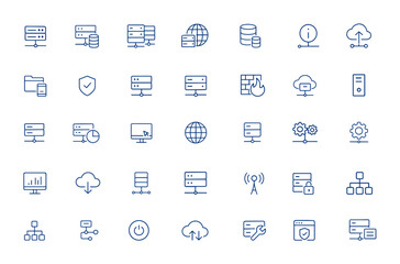 Minimalist server line icons featuring cloud hosting, data storage, internet symbols, database, and information technology. Editable vector graphics for web and tech design and more.