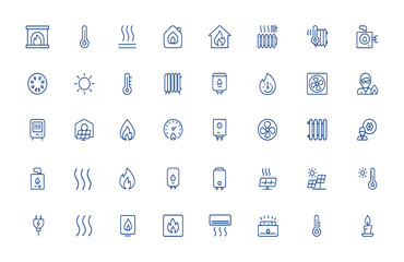 Modern heating icon pack with minimal pictograms of fireplace, temperature, heat, hot equipment. Editable vector art featuring clean, hot, heating symbols, energy, warmth and more.