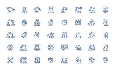 Industrial robotics icons with engineer automation elements, robotic hand, simple editable stroke designs, vector illustration, technology, machinery, innovation, manufacturing, AI, mechanics and more