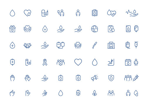 Minimalist blood donation icon set with editable stroke. Volunteer and donor line pictograms related to health, care, blood, heart, donate, support, vector illustration, awareness, charity and more.