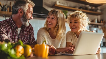 A multi-generational family enjoys a lighthearted moment while engaging with a laptop in their kitchen.