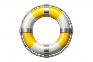 Nautical yellow-white lifebuoy hanging with coiled safety rope, maritime rescue equipment against clean backdrop