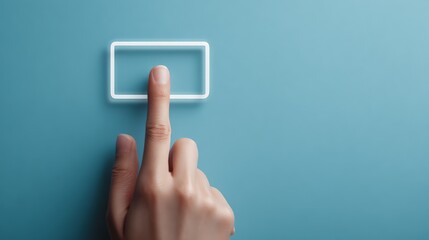 A finger pressing a glowing touch button on a blue wall, symbolizing interaction.