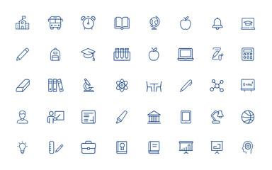 Minimal editable vector stroke icons for school, education, science, college, knowledge, book, classroom, learning tools, study, academic symbols, back to school essentials, teaching, student and more
