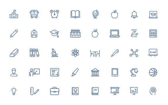 Minimal editable vector stroke icons for school, education, science, college, knowledge, book, classroom, learning tools, study, academic symbols, back to school essentials, teaching, student and more