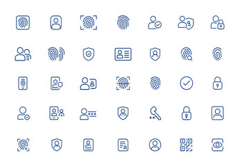 Modern biometric identity icons pack – minimal fingerprint, person authentication, information security, editable stroke vector illustration, identification line art, data protection and more.