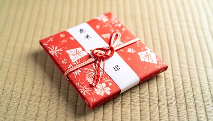 A neatly wrapped square gift in red patterned paper with a white label and tied with red and white string, resting on a textured surface.