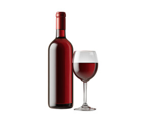 Elegant red wine bottle and glass for dining and celebration. Cut out PNG