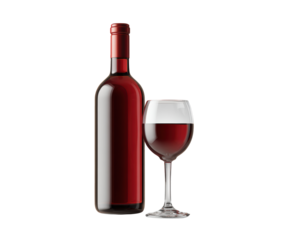 Elegant red wine bottle and glass for dining and celebration. Cut out PNG