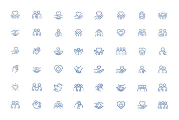 Minimalist line vector icons of love and care, featuring trust, friendship, respect, hand gestures, linear symbols for modern web and mobile apps, UI, UX, relationship, support, affection and more.