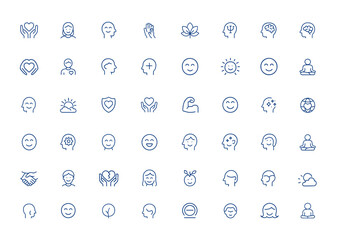 Positive thinking line icons pack with empathy, happiness, gratitude, psychology, brain, and minimalist editable strokes. Linear vector illustration for mindset, motivation, wellness and more.