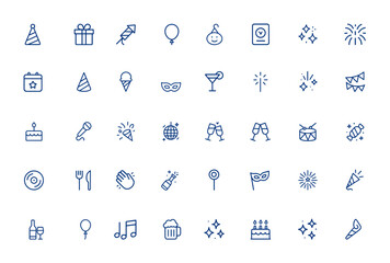 Minimal thin line party icons with editable stroke vector art, birthday and celebration line icons featuring festival, holiday, fun, event, festive, joy, and social gathering symbols and more.