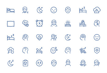 Sleep Trouble and Insomnia Icons for Mobile and Web Apps – Minimal Bedding, Sleepless, Bedtime, Problem, Sleep Disorder Symbols, Restlessness, Night Anxiety, Relaxation, Health and more.