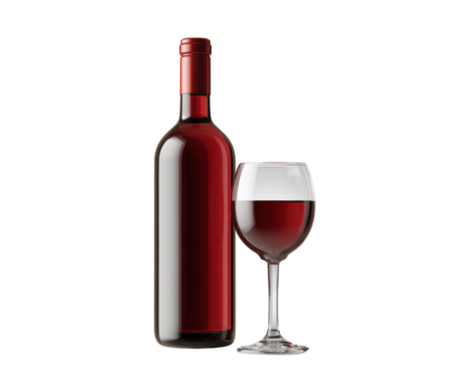 Elegant red wine bottle and glass for dining and celebration. Cut out PNG