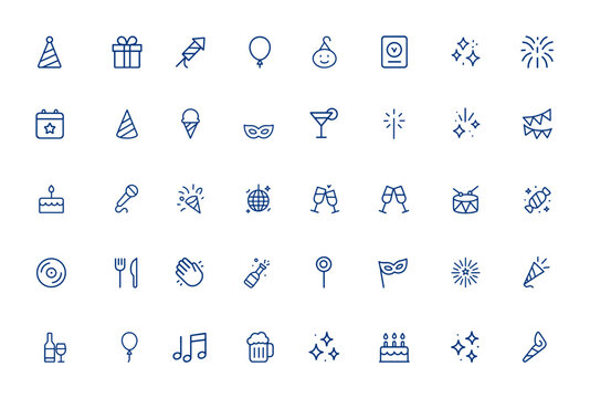 Minimal thin line party icons with editable stroke vector art, birthday and celebration line icons featuring festival, holiday, fun, event, festive, joy, and social gathering symbols and more.