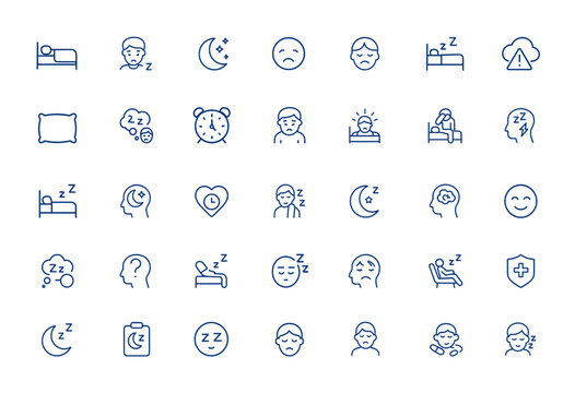 Sleep Trouble and Insomnia Icons for Mobile and Web Apps – Minimal Bedding, Sleepless, Bedtime, Problem, Sleep Disorder Symbols, Restlessness, Night Anxiety, Relaxation, Health and more.