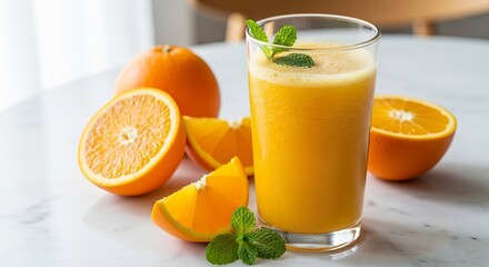 A glass of orange juice with mint garnish surrounded by fresh oranges and orange slices on a table