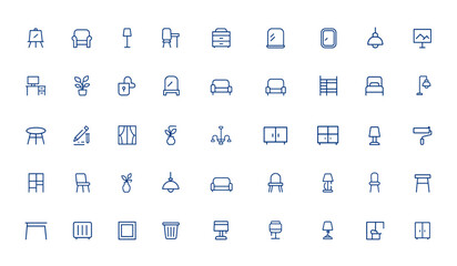 Minimalist home decor icons featuring symbols for indoor decoration, furniture, desk, renovation, mirror, and more. Simple design, modern interior, stylish furnishing, room accents and more.