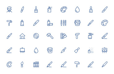 Painter and paint icons, brushes, spray, color, paintbrush, artist tools, vector outline icons, painting symbols, drawing, brushstroke, palette, decor, design, craft, fine art and more.