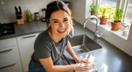 Portrait of a cheerful young woman laughing at the camera while washing dishes in a modern sunny kitchen