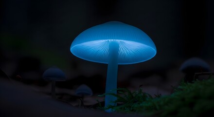 Fototapeta premium Ethereal Blue Light of a Bioluminescent Mushroom in a Mysterious Nocturnal Forest