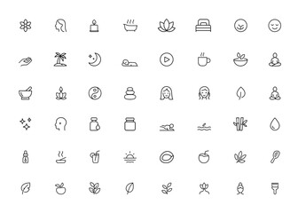 Minimal vector relaxation icons with editable strokes, health, therapy, hot, life, eat symbols, iconic designs for wellness, calm, spa, mindfulness, self-care, stress relief, balance and more.