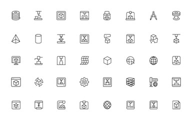 Minimalist 3D printing icons featuring filament, prototype, modeling, and printer symbols in a clean line vector style, perfect for technology, manufacturing, and design projects and more.