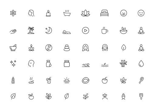 Minimal vector relaxation icons with editable strokes, health, therapy, hot, life, eat symbols, iconic designs for wellness, calm, spa, mindfulness, self-care, stress relief, balance and more. - Powered by Adobe