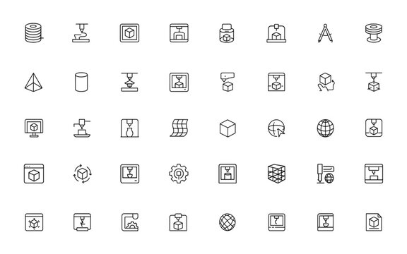 Minimalist 3D printing icons featuring filament, prototype, modeling, and printer symbols in a clean line vector style, perfect for technology, manufacturing, and design projects and more.
