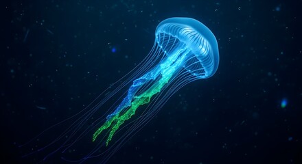 Ethereal bioluminescent jellyfish glowing with neon blue and green light in the dark abyss of the deep ocean