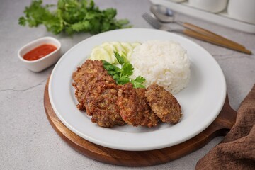 Rice with fried minced pork, thai food, home cooked