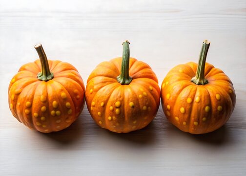 Three bumpy orange gourds arranged in a row on a white surface - Powered by Adobe