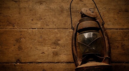 Kerosene lamp on a shabby wooden floor. Wooden floor background. Antique lamps, rust, close up....