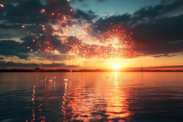 Fireworks over water at golden sunset sky