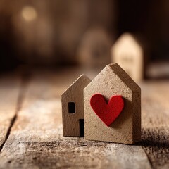 Miniature wooden houses, a red heart adorns one, on rustic wood