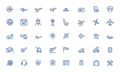 Minimalist aviation icon with editable stroke, featuring aircraft, air bus, flight, transport and transportation symbols, modern outline vector illustration, travel, airplane and more.