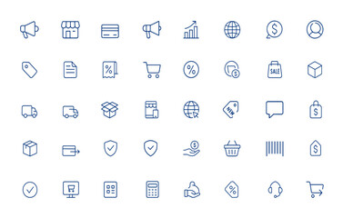 Minimal linear icons for online sales and e-commerce: marketing, commerce, payment, advertising, bar chart, market trends, digital business, shopping, transaction, buying, selling and more.