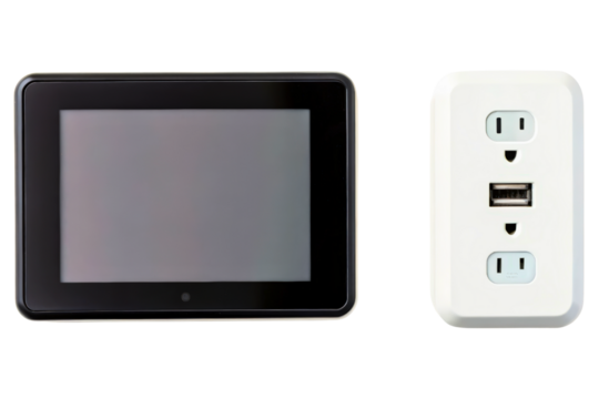 Smart home control panel and a modern wall outlet with USB port isolated with transparent background