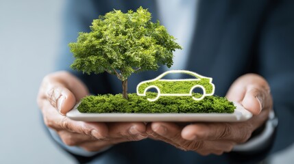 A person holds a miniature tree and car, symbolizing sustainable transportation.
