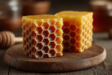 Honeycomb blocks on wooden board, natural beeswax, healthy food concept