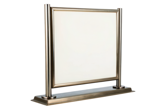 Bronze stanchion-style tabletop sign holder with blank insert isolated with transparent background